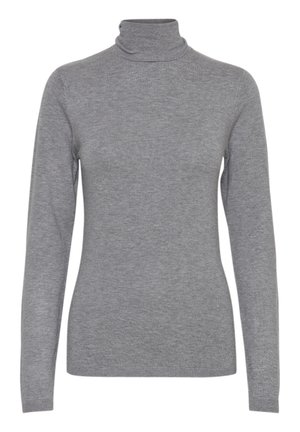 Maglione a collo alto grigio realizzato in morbido tessuto lavorato a maglia, con maniche lunghe e un design aderente. Texture liscia con un motivo semplice.