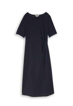 Marineblaues knielanges Kleid mit kurzen Ärmeln, rundem Ausschnitt und dezent gerafftem Detail an der Taille.