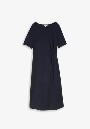 Marineblaues knielanges Kleid mit kurzen Ärmeln, rundem Ausschnitt und dezent gerafftem Detail an der Taille.