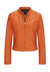 Giacca in pelle arancione con collo alla coreana, chiusura frontale con cerniera e due tasche laterali con zip; texture liscia, design aderente e maniche lunghe.