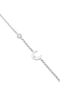 Silberarmband mit einem Charm in Form eines Halbmondes, das über eine strukturierte Perle und einen sicheren Verschluss verfügt, markiert mit "925", was auf Sterlingsilber hinweist.