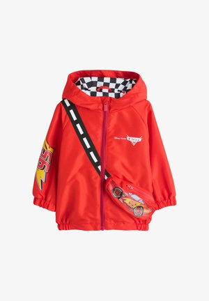 Red children's jacket with black and white checkered hood lining, Lightning McQueen car graphic pouch, and racing number 95 on sleeve.