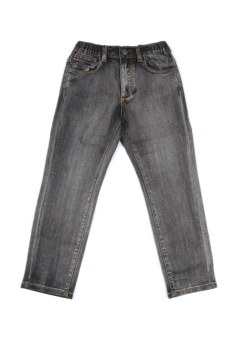 Jeans in denim grigio con una vestibilità slim, vita elasticizzata, cinque tasche e dettagli di sbiadimento discreti su tutto il tessuto. Design a gamba affusolata.