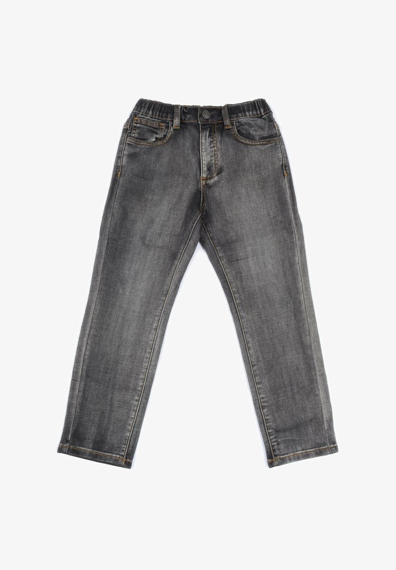 Jeans in denim grigio con una vestibilità slim, vita elasticizzata, cinque tasche e dettagli di sbiadimento discreti su tutto il tessuto. Design a gamba affusolata.