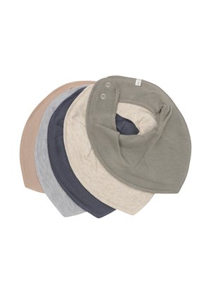 Satz aus vier Baumwoll-Nackenwärmern. Farben: Hellbraun, Hellgrau, Marineblau und Olivgrün. Weiche Textur mit Druckverschlussdetail.