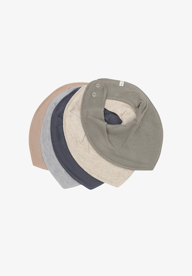 Ensemble de quatre cache-cou en coton. Couleurs : marron clair, gris clair, bleu marine et vert olive. Texture douce avec détail de fermeture à pression.