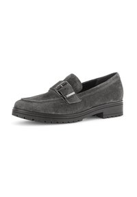 Gray suede loafers with a rounded toe, flat rubber sole, and silver buckle detail on the front. Textured finish with minimalist design.