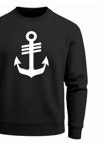 Black sweatshirt with long sleeves featuring a large white anchor graphic at the center. Made from soft fabric with a crew neckline.