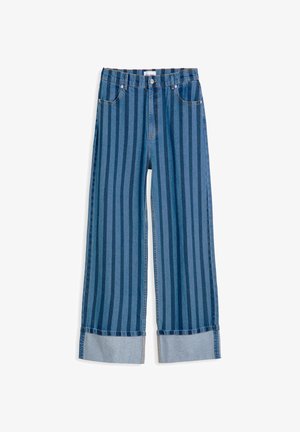 Blue denim jeans with vertical dark stripes, cuffed hems, front button and zipper, and five-pocket design.