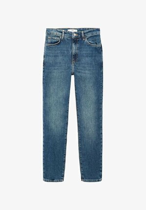 Jeans in denim azzurro chiaro, taglio a gamba dritta, design a cinque tasche, con chiusura a bottone e zip, leggero effetto consumato sul tessuto.