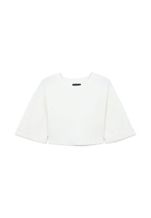 Maglione bianco croppato con scollo rotondo, maniche corte e polsini arrotolati. Realizzato in un tessuto liscio con un design pulito e minimalista.