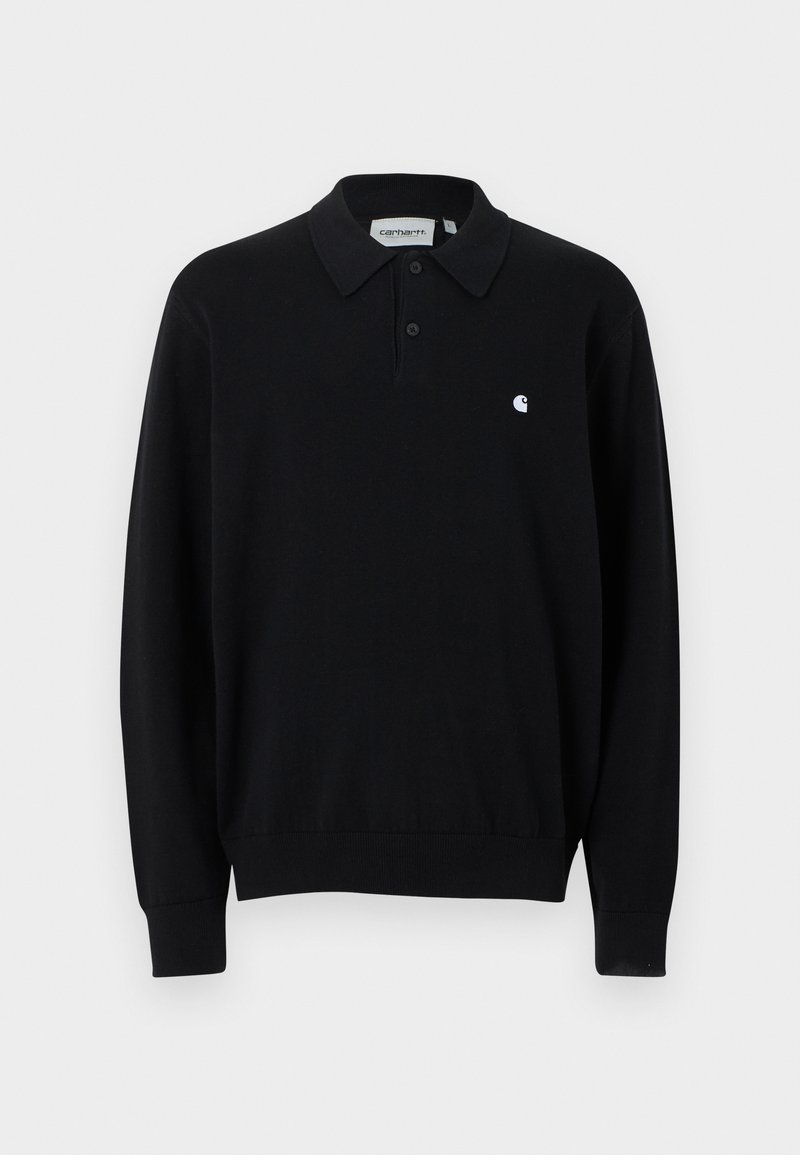 Schwarzes langärmeliges Poloshirt mit zwei Knöpfen, gerippten Bündchen und Saum sowie einem kleinen weißen Carhartt-Logo auf der linken Brust.