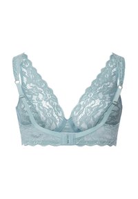 Svetle modrý krajkový bralette s hlubokým V výstřihem, květinovým vzorem, nastavitelnými ramínky a zapínáním na háček na zadní straně. Jemná textura a bezpodšívkový design.