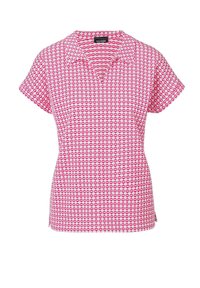 Korte mouw polo in roze en wit, voorzien van een geometrisch patroon met een klassieke kraag en een rechte zoom. Gemaakt van lichtgewicht stof.