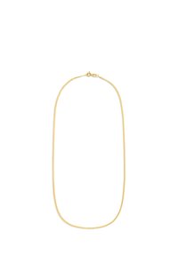 Goldfarbene Metallkette mit einem einfachen Glieddesign, ausgestattet mit einem Karabinerverschluss und einer glatten, polierten Oberfläche.