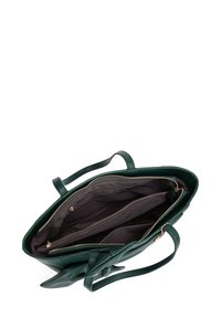 Borsa a mano verde in pelle con due scomparti, chiusure con zip dorate e superficie texturizzata. Presenta doppi manici per una facile portabilità.