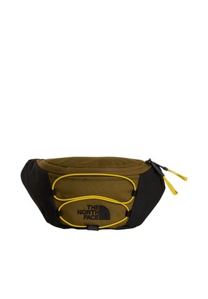 Riñonera compacta en verde oliva y negro con cordón elástico amarillo, tiradores de cremallera y logotipo de "The North Face" en la parte frontal.