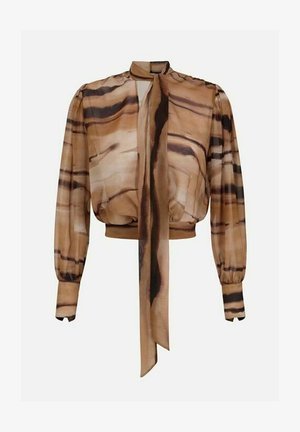 Camicia lunga trasparente a maniche lunghe con strisce astratte marroni e nere e un lungo fiocco al collo, con spalle a sbuffo e polsini aderenti.