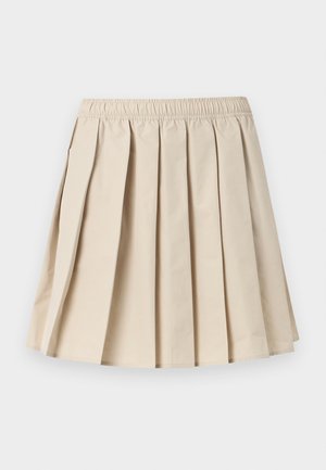 Jupe plissée beige avec taille élastique, longueur au genou, tissu lisse, plis plats uniformément espacés.