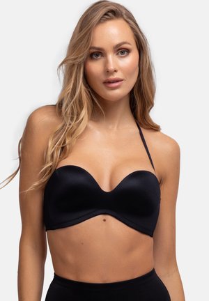 Zwarte strapless bh van gladde, matte stof met een diepe decolleté en zachte, voorgevormde bekers. Voorzien van dunne verstelbare bandjes.