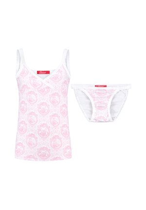 Pink camisole and matching panties feature a white floral paisley pattern. Both have white trim and a red brand label.