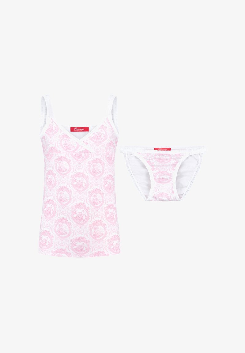 Ein pinkes Camisole und passende Panties haben ein weißes florales Paisleymuster. Beide sind mit weißen Rändern und einem roten Markenlabel versehen.