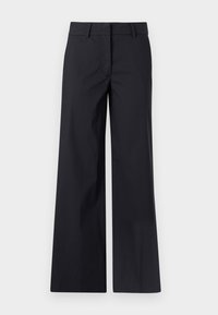 Black wide-leg trousers made from cotton-blend fabric. Features a flat front, belt loops, and side pockets. Smooth texture, tailored design.