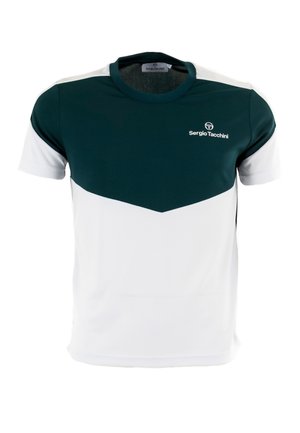 Zeleno-bílé polo tričko s krátkými rukávy, s designem v tvaru písmene V a logem na hrudi. Hladká tkanina, kulatý výstřih.