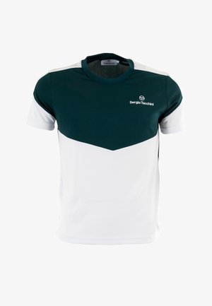 Zeleno-bílé polo tričko s krátkými rukávy, s designem v tvaru písmene V a logem na hrudi. Hladká tkanina, kulatý výstřih.