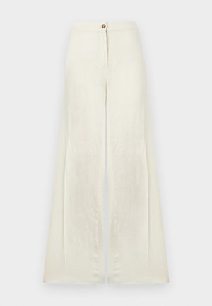 Høytlivde, vide bukser i kremfarge med knapp foran og skjult glidelås.