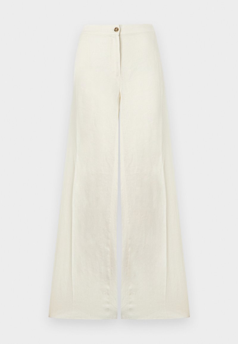 Παντελόνι κρεμ με ψηλή μέση, φαρδύ πόδι, με κουμπί μπροστά και κρυφό φερμουάρ.