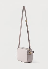 Compact rectangular crossbody bag with a two-tone design: light gray and darker gray, textured leather, adjustable strap, and gold hardware accents.