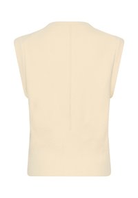 Cremefarbener ärmelloser Strickpullover mit rundem Ausschnitt und vertikaler Nahtdetail entlang der Mitte des Rückens.