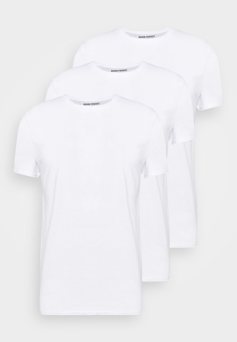Paquet de trois t-shirts blancs unis, design col rond, manches courtes, fabriqués en coton doux avec une texture lisse.
