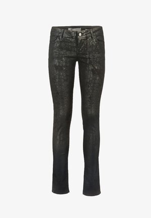 Pantalon noir coupe slim avec motif brillant et texturé rappelant la peau de reptile, fermeture à boutons et fermeture éclair à l'avant.