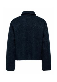 Skraćena crna jakna od teksturirane tkanine, s okovratnikom i dugim rukavima, s jednostavnim, čisto dizajniranim stražnjim dijelom.