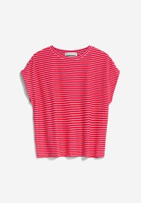 T-shirt à manches courtes rayé horizontalement rouge et blanc avec un col rond, posé à plat sur fond blanc.