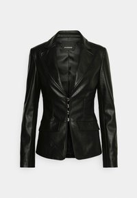 Černý kožený blazer s přiléhavým střihem, klopami a předním zipem. Obsahuje dvě přední kapsy a hladkou texturu.