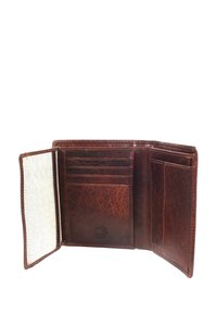 Brown leather wallet, bi-fold design, multiple card slots, textured interior with herringbone pattern, embossed logo detail.