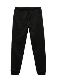 Zwarte sweatpants met een verstelbare tailleband, taps toelopende pijpen en ribgebreide boorden. Gemaakt van zacht, gestructureerd materiaal met details langs de zijnaad.