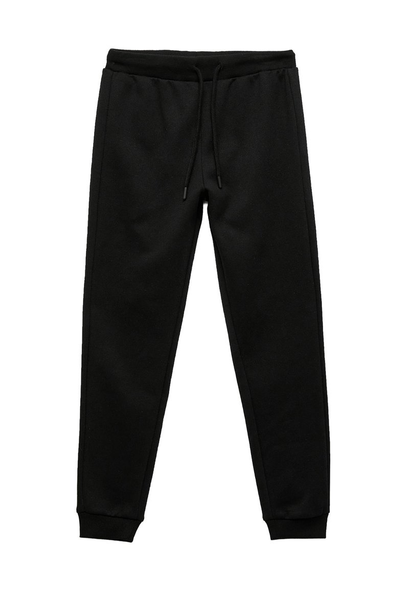 Zwarte sweatpants met een verstelbare tailleband, taps toelopende pijpen en ribgebreide boorden. Gemaakt van zacht, gestructureerd materiaal met details langs de zijnaad.
