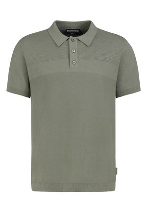 Kurzärmeliges, olivgrünes Polohemd aus Strick mit einer Knopfleiste mit drei Knöpfen sowie geripptem Kragen und Bündchen.