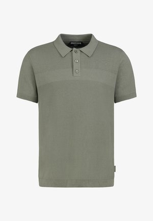 Kurzärmeliges, olivgrünes Polohemd aus Strick mit einer Knopfleiste mit drei Knöpfen sowie geripptem Kragen und Bündchen.