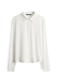 Camicia bianca a maniche lunghe con colletto, esposta piatta su uno sfondo bianco.