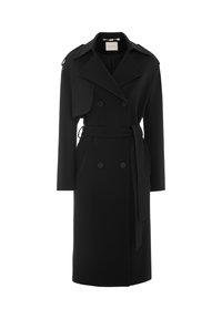 Manteau trench noir à double boutonnage avec ceinture, fabriqué en tissu lisse, présentant un col cranté et de longues manches avec épaulettes.