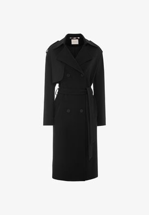 Cappotto trench doppiopetto nero con cintura, realizzato in tessuto liscio, dotato di colletto a revers e maniche lunghe con spalline.
