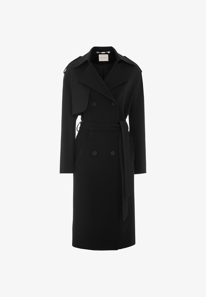 Manteau trench noir à double boutonnage avec ceinture, fabriqué en tissu lisse, présentant un col cranté et de longues manches avec épaulettes.