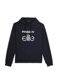 Felpa navy in misto cotone con tasca a kangaroo frontale, cappuccio con coulisse e grande logo bianco stampato con la scritta "FREDDY elite."
