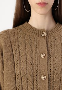 Brown knitted cardigan with a ribbed neckline, featuring cable patterns and two light-colored buttons down the front.