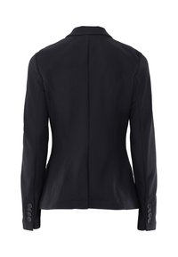 Schwarzer, strukturierten Blazer mit taillierter Silhouette, Reverskragen und Knopfmanschetten. Verfügt über ein glattes Innenfutter und eine maßgeschneiderte Rückennaht.